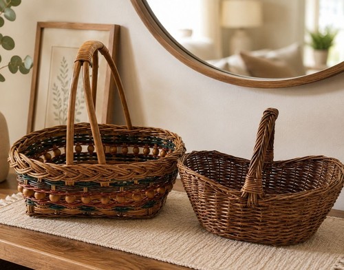 Vintage wicker rattan basket - wicker,